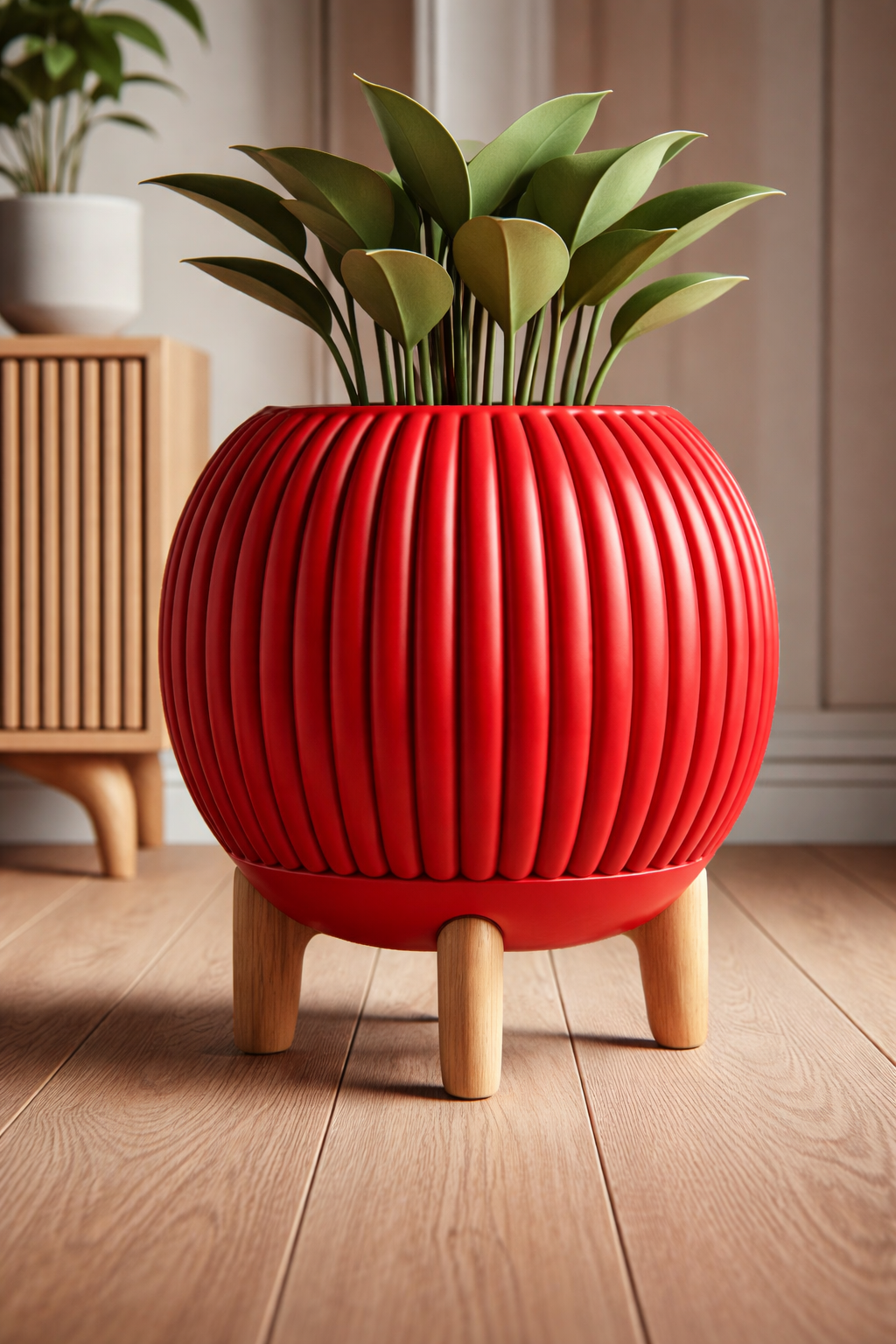 7art 3D Modern Ribbed Planter with Wooden Stand