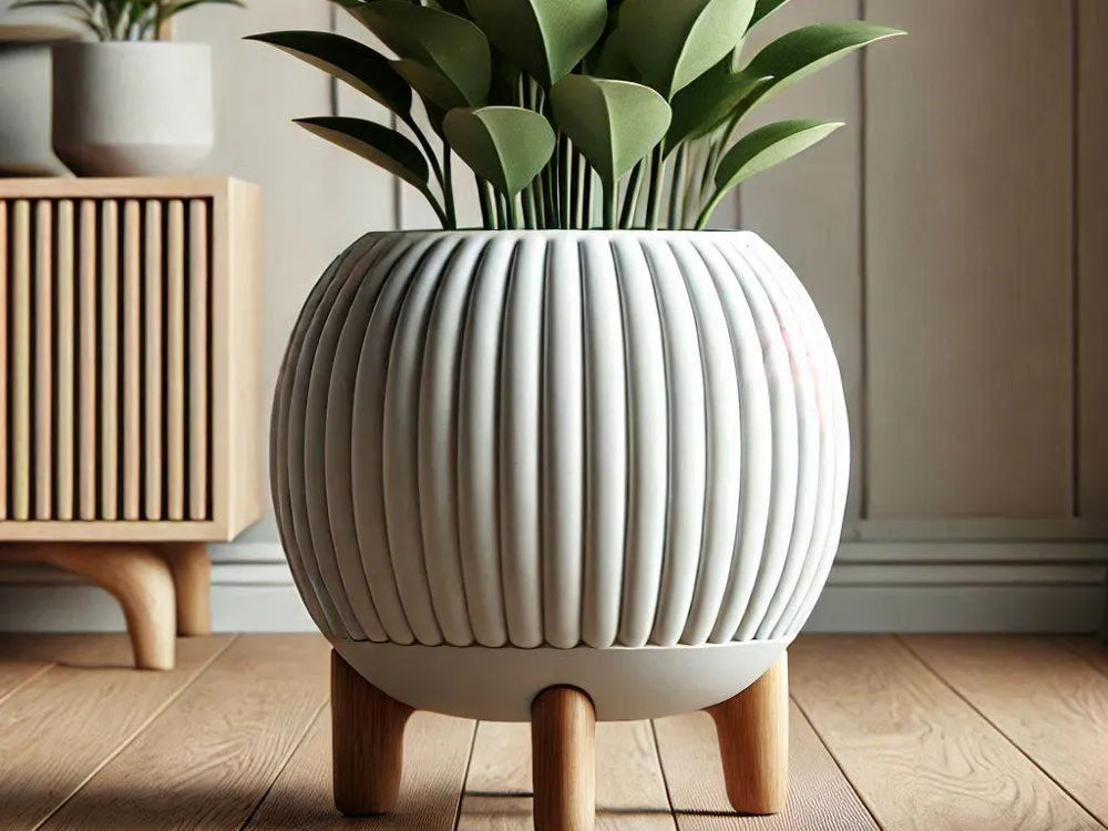7art 3D Modern Ribbed Planter with Wooden Stand