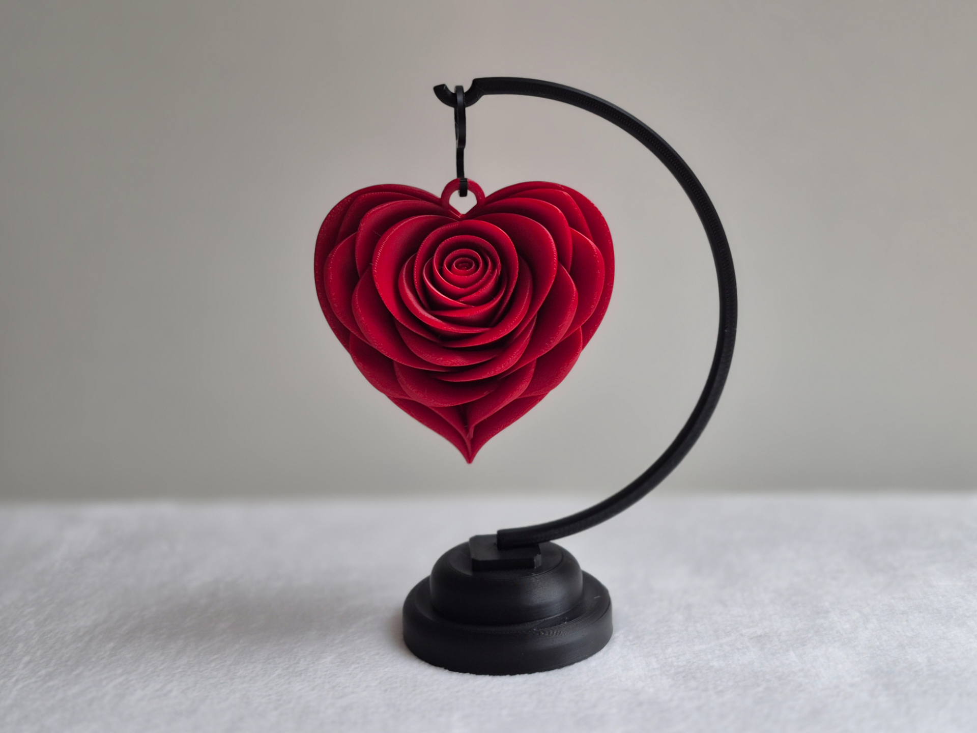 3D Printed Heart Rose Hanging Decor with Stand – Romantic Gift Showpiece (Approx 12 cm Height)