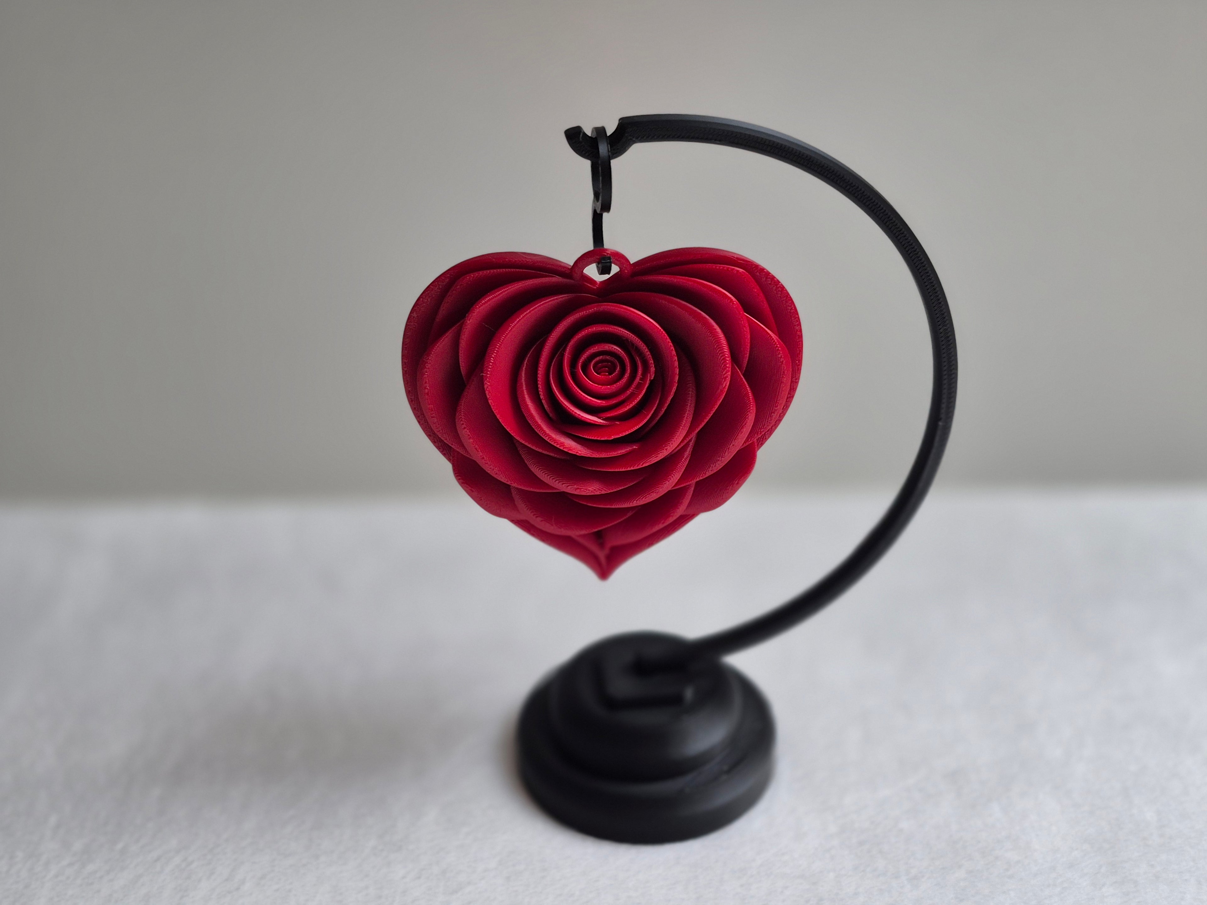 3D Printed Heart Rose Hanging Decor with Stand – Romantic Gift Showpiece (Approx 12 cm Height)