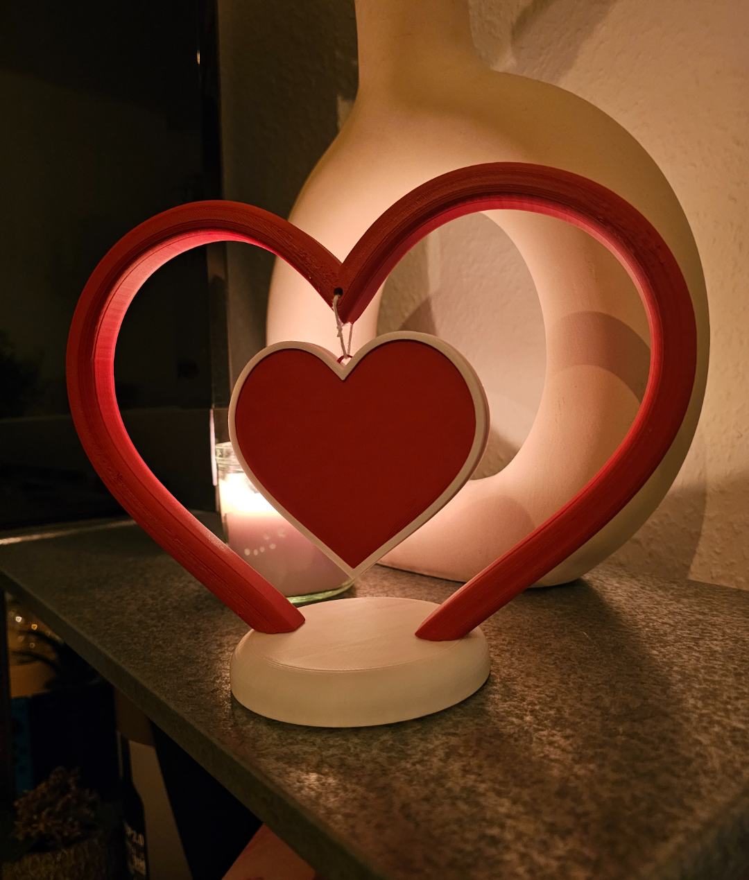 3D Printed Double Heart Frame Showpiece with Hanging Heart – Romantic Home Decor (Approx 15 cm Height)