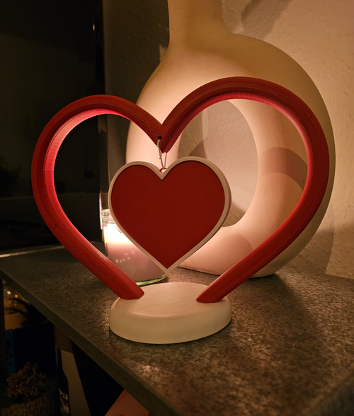 3D Printed Double Heart Frame Showpiece with Hanging Heart – Romantic Home Decor (Approx 15 cm Height)
