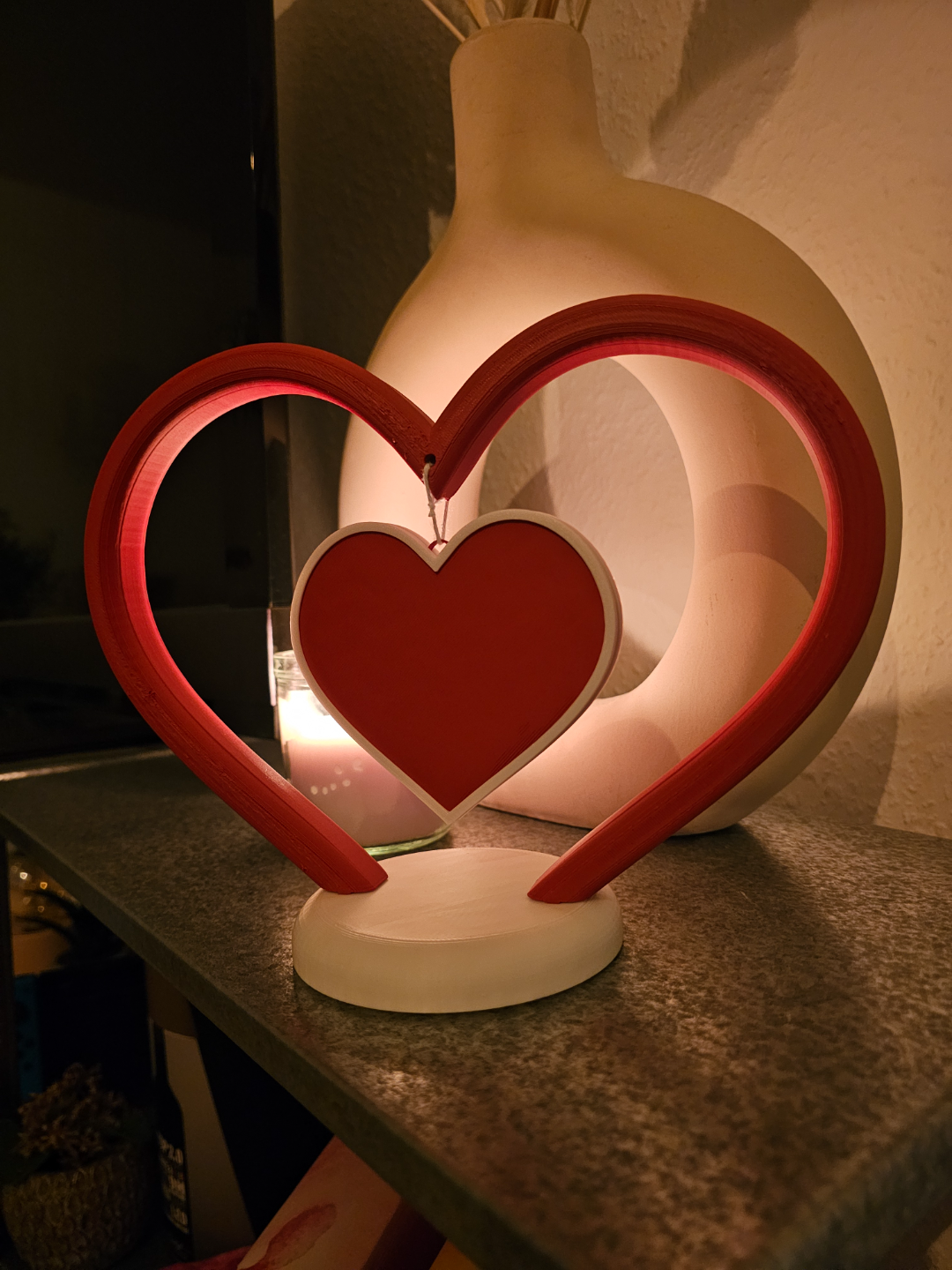 3D Printed Double Heart Frame Showpiece with Hanging Heart – Romantic Home Decor (Approx 15 cm Height)