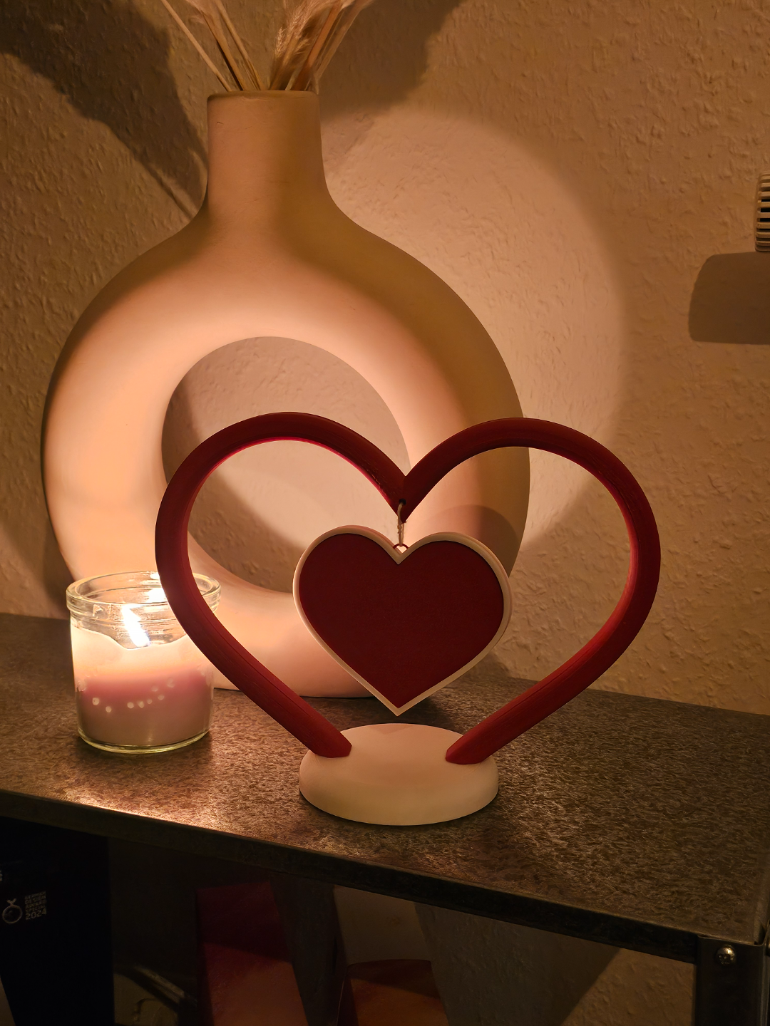 3D Printed Double Heart Frame Showpiece with Hanging Heart – Romantic Home Decor (Approx 15 cm Height)