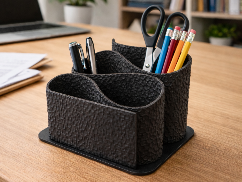 Modern 3-Section Desk Organizer – Textured Multi-Compartment Pen & Accessory Holder