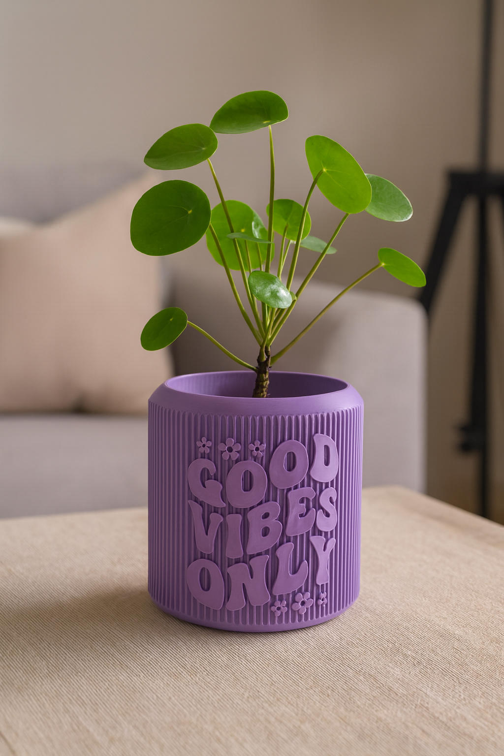 Sevenart3D “Good Vibes Only” Purple Planter Pot – Modern Decorative Indoor Plant Holder