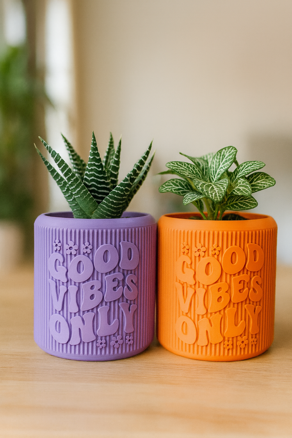 Sevenart3D “Good Vibes Only” Purple Planter Pot – Modern Decorative Indoor Plant Holder