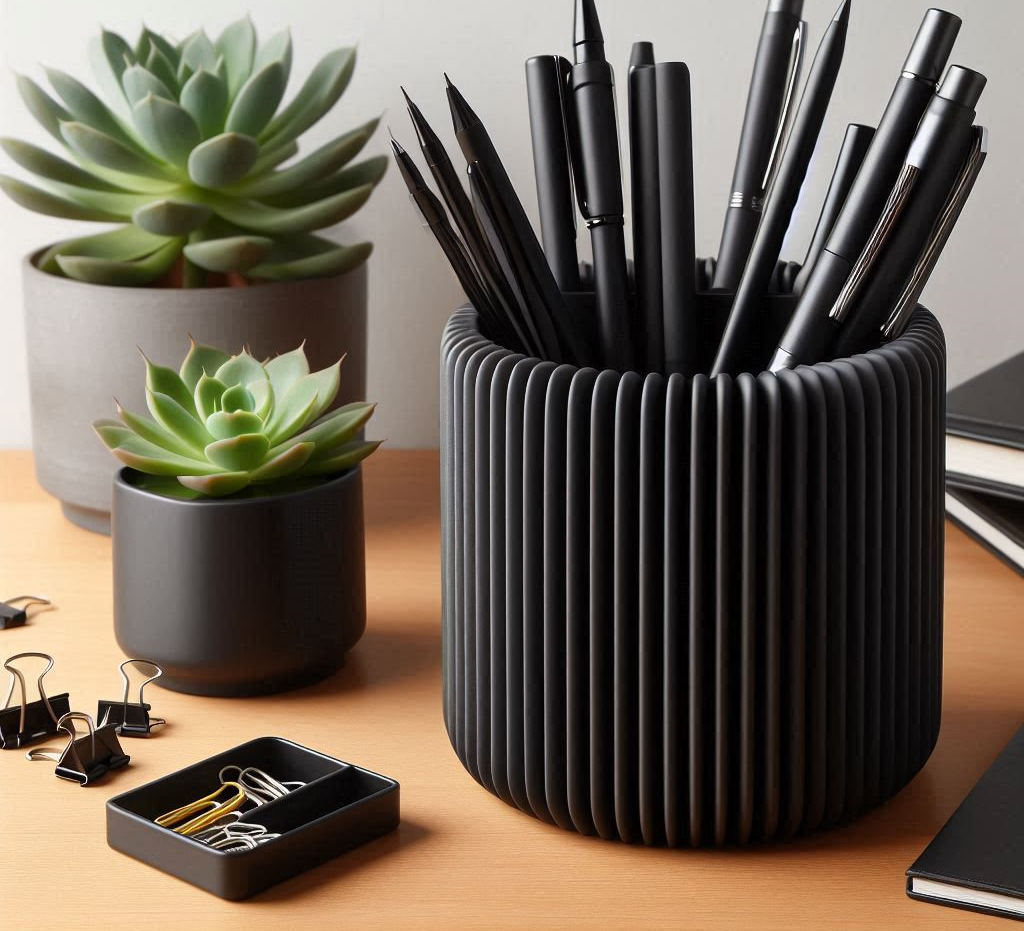 Sevenart3D Matte Black Ribbed Pencil Holder – Premium Executive Desk Organizer