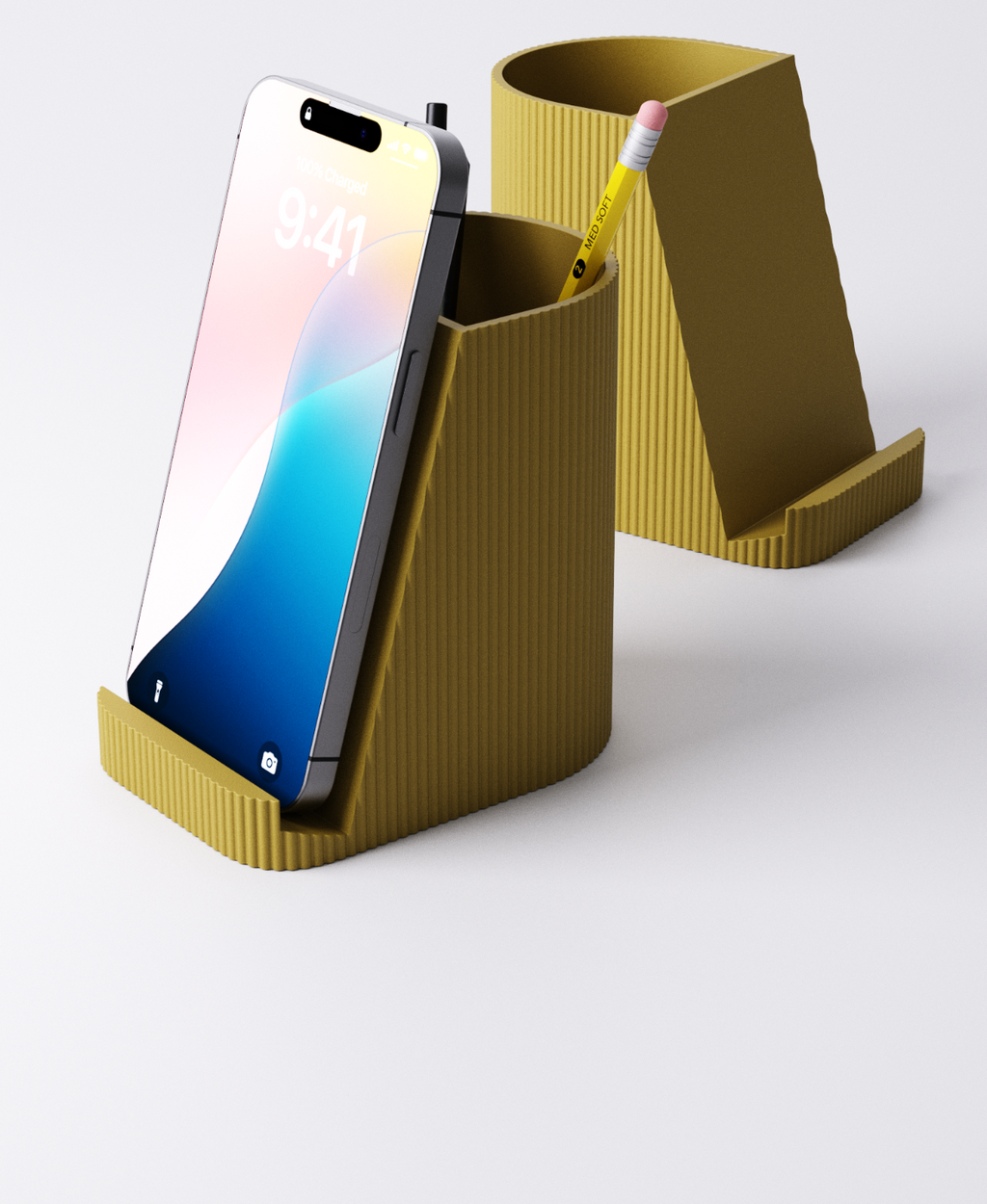 Modern Ribbed Phone Stand with Pen Holder – 2-in-1 Desk Organizer (3D Printed)