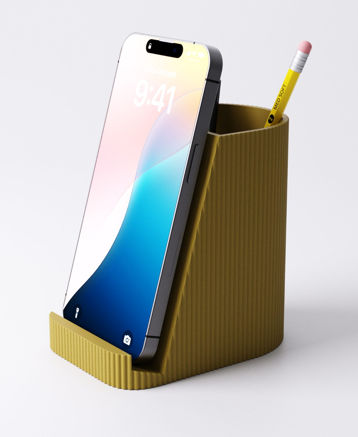 Modern Ribbed Phone Stand with Pen Holder – 2-in-1 Desk Organizer (3D Printed)