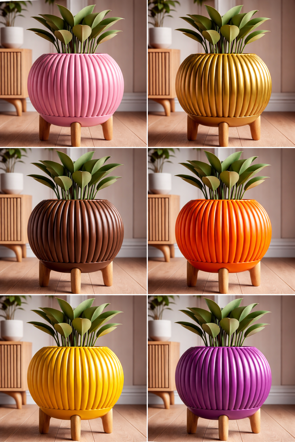 7art 3D Modern Ribbed Planter with Wooden Stand